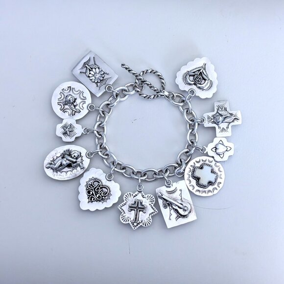 Joan Slifka Sterling 925 Heart Angel Cross Love Luck Charm Two Sided Bracelet - Picture 8 of 14